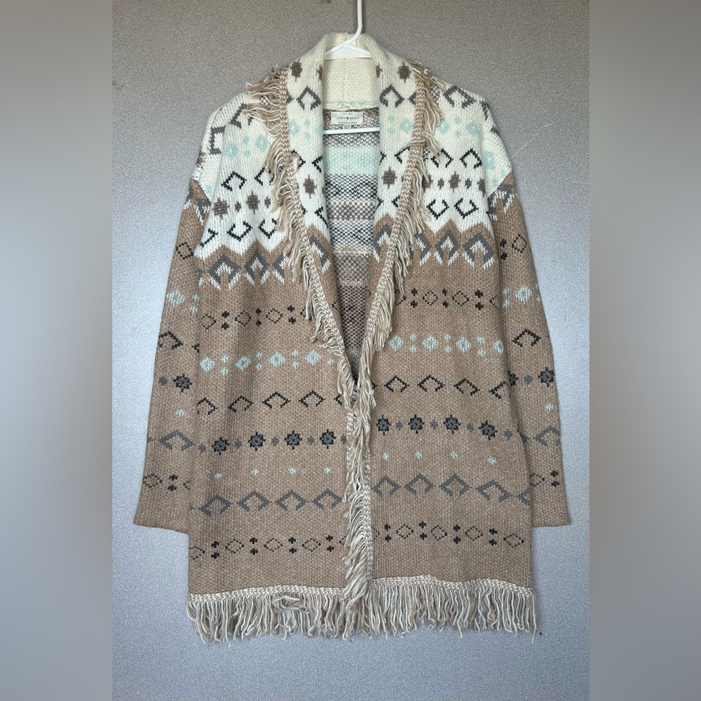 LUCKY BRAND Beige Fair Isle Print Open Front Tie Cardigan Sweater Womens size XS